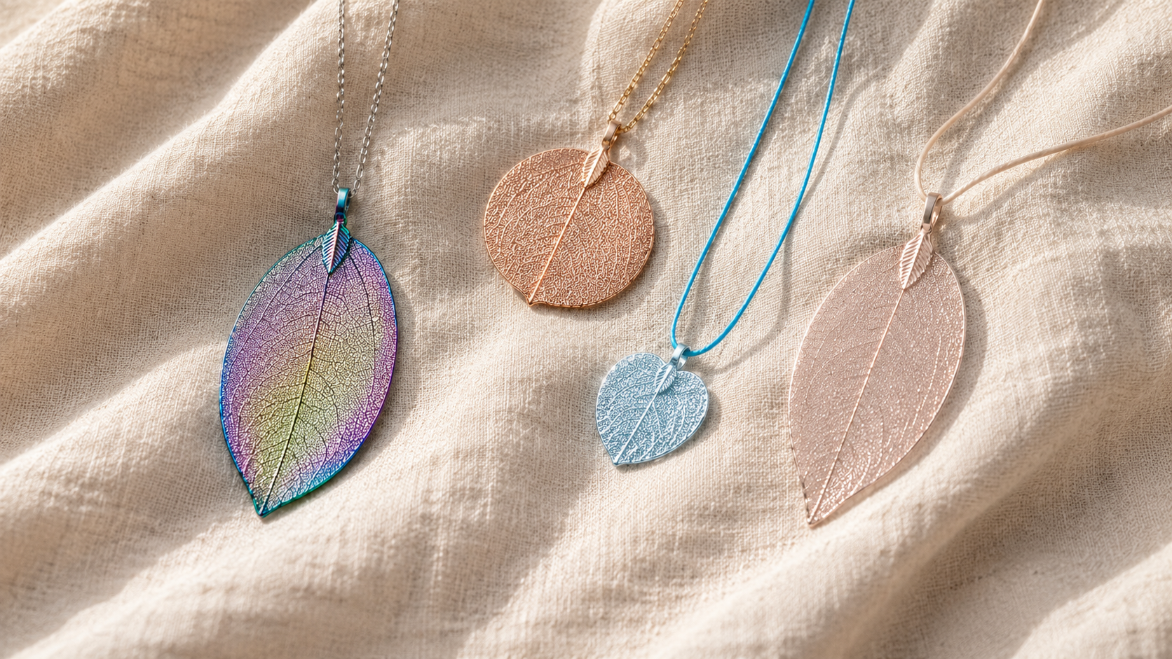 Four delicate leaf-skeleton necklaces in iridescent, rose gold, and light blue finishes resting on a neutral linen fabric.