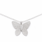 Silver butterfly pendant on a chain against a white background
