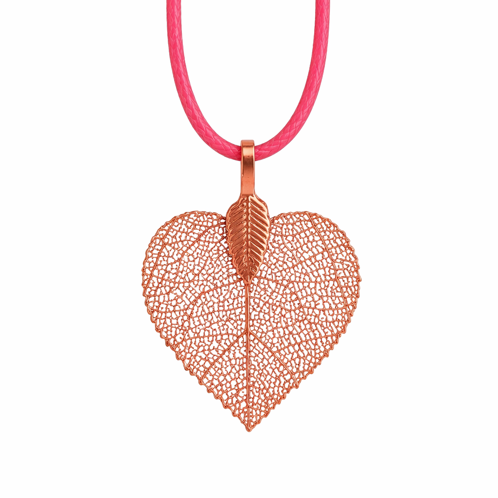 Necklace with a leaf-shaped pendant on a red cord against a white background
