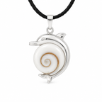 Dolphin-shaped pendant with a white shell inlay on a black cord against a white background