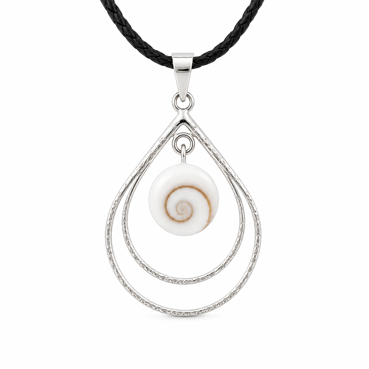 Silver teardrop pendant with a white shell inlay on a black cord against a white background