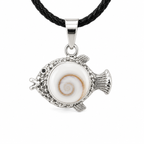 Fish-shaped pendant with white center and black cord on a white background