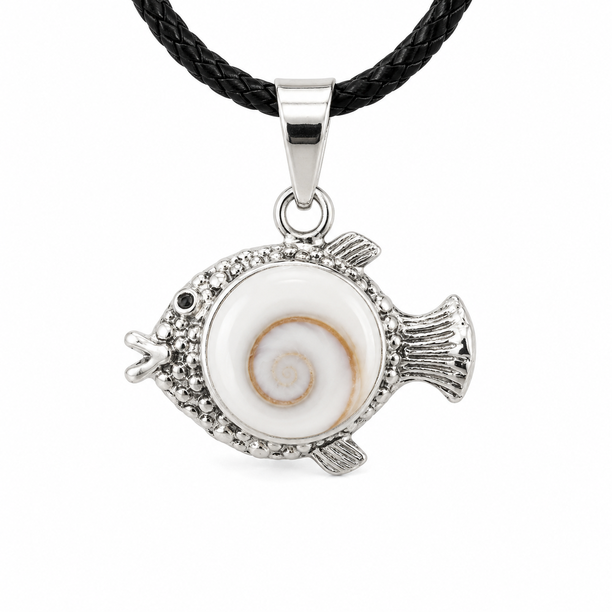 Fish-shaped pendant with white center and black cord on a white background
