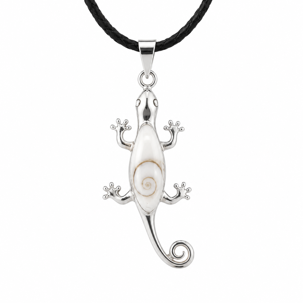 Silver lizard-shaped pendant on a black cord against a white background