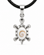 Tortoiseshell pendant on a black cord against a white background