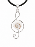 Silver pendant with a white stone on a black cord against a white background