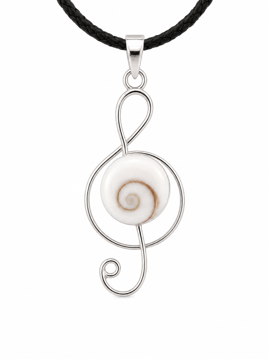Silver pendant with a white stone on a black cord against a white background