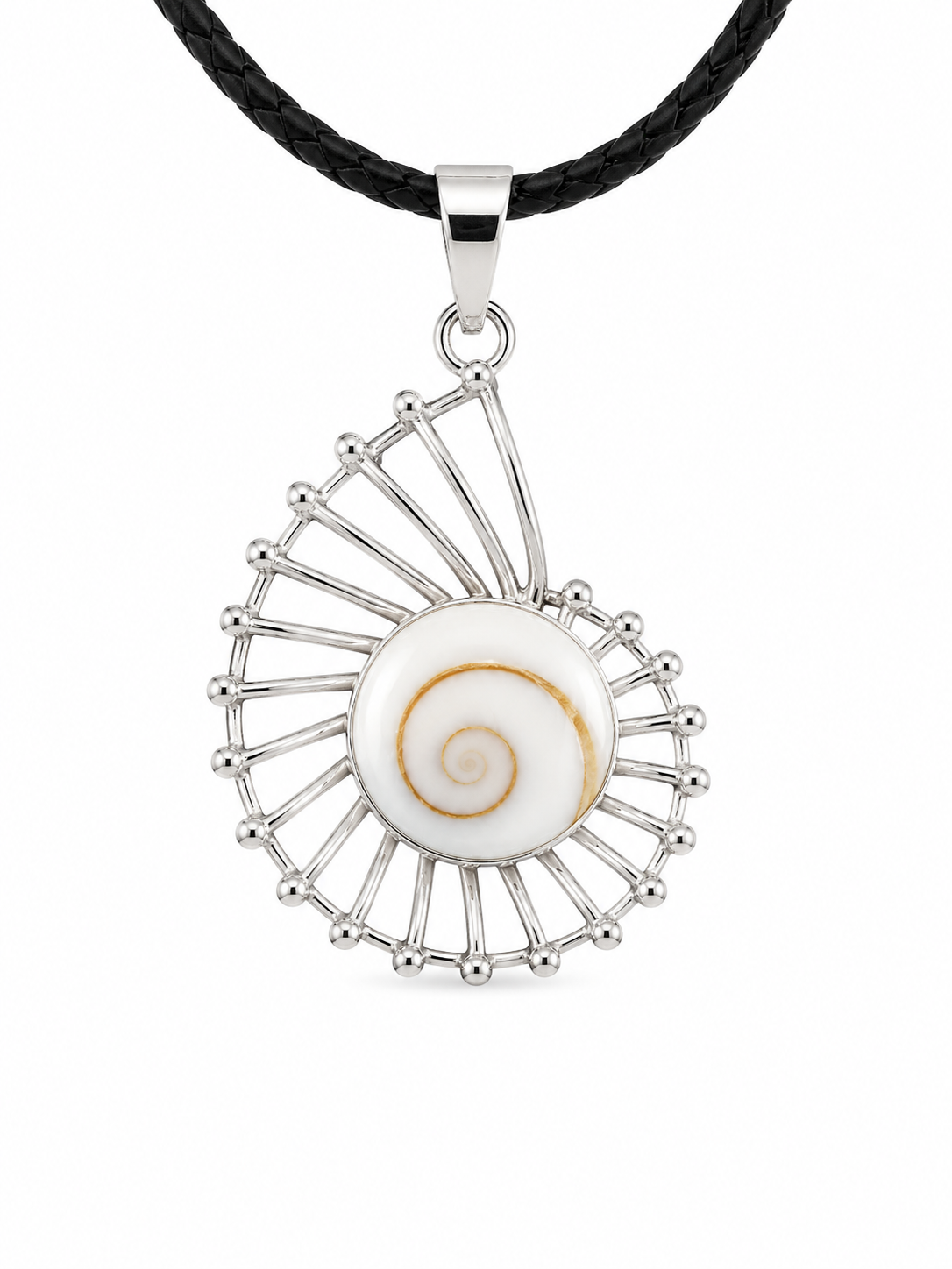 Necklace with a circular pendant featuring a shell design on a white background