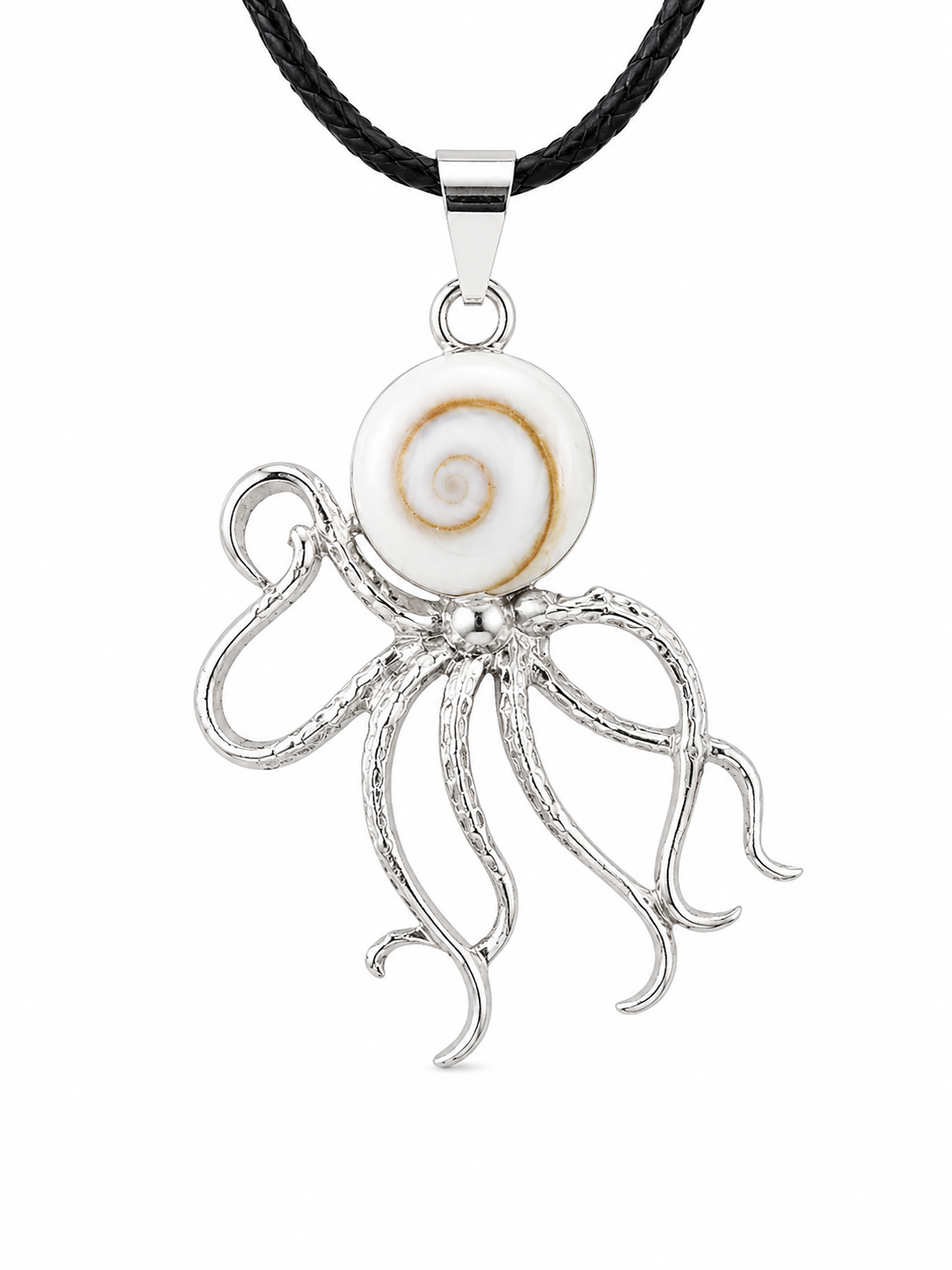 Silver octopus pendant with a white shell on a black cord against a white background