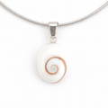 Necklace with a white pendant featuring a gold spiral design on a white background