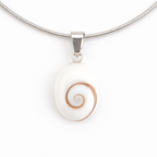 Necklace with a white pendant featuring a gold spiral design on a white background