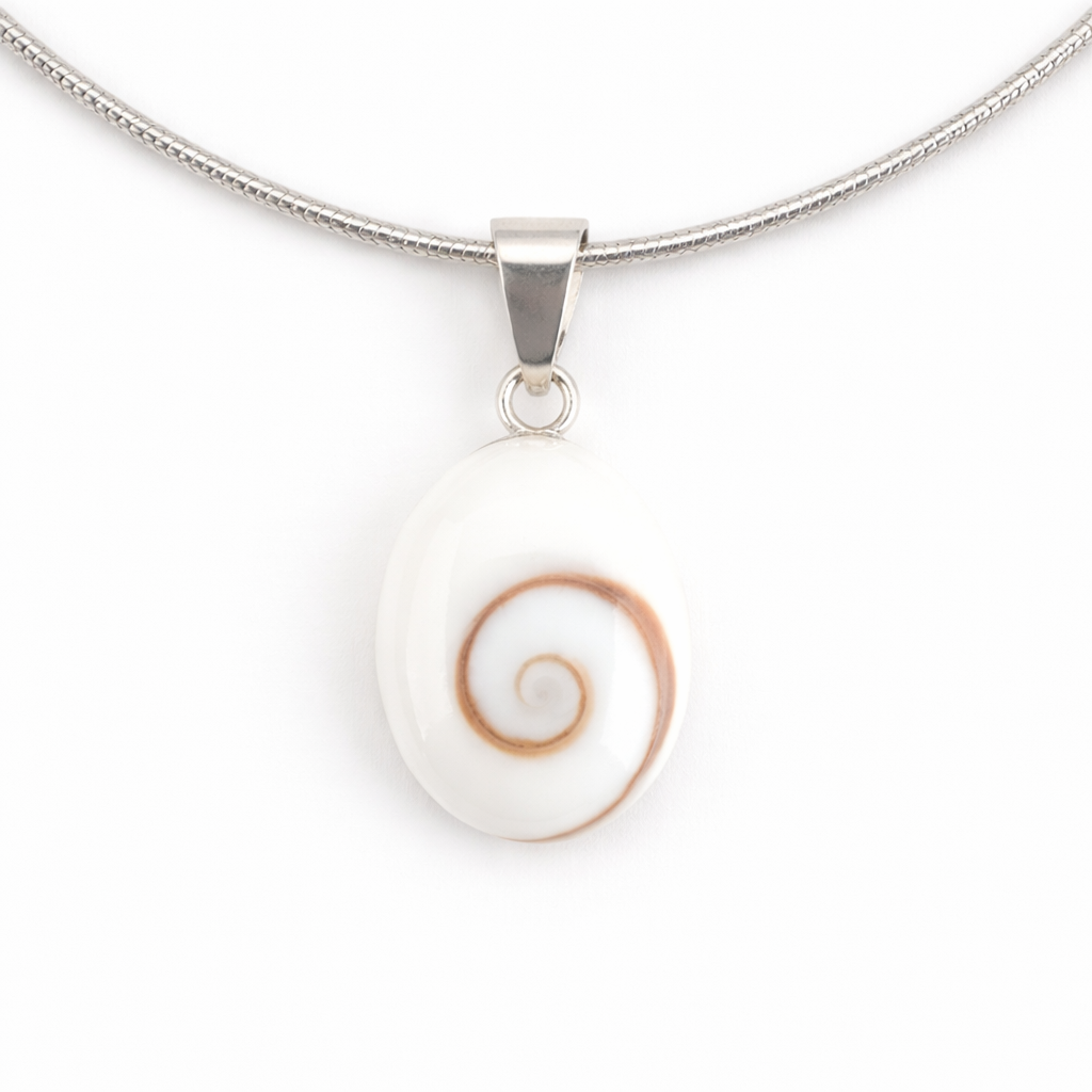 Necklace with a white pendant featuring a gold spiral design on a white background
