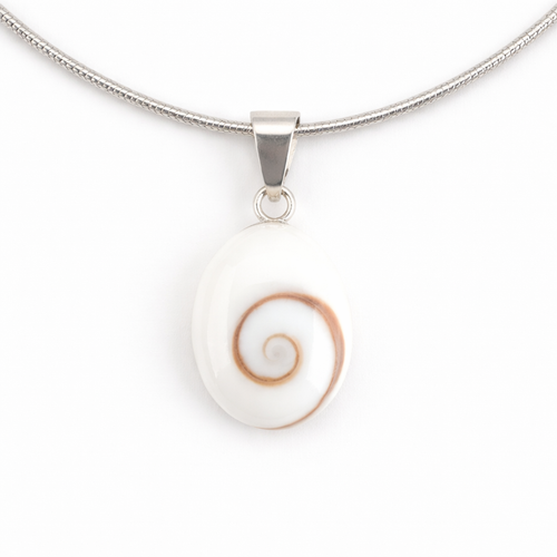 Necklace with a white pendant featuring a gold spiral design on a white background