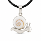 Snail-shaped pendant with shell design on a black cord against a white background