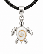 Silver turtle pendant with a black cord on a white background